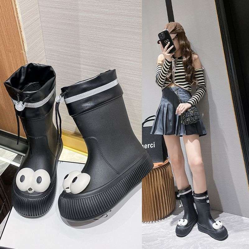 Cute Plus Velvet Rain Boots For Adults, Fashionable Outer Wear, Cute Short-Tube Mid-Tube Non-Slip Rain Boots, Wear-Resistant And Waterproof Kitchen Rubber Shoes - Image 2
